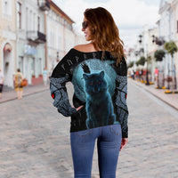 Viking Women's Off Shoulder Sweater, Fenrir Viking Wolf and Moon RLT12 - Wonder Print Shop