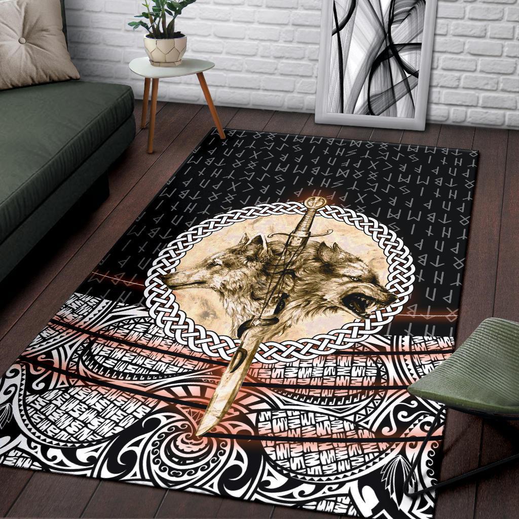 Viking Area Rug Wolf and Vikings Tattoo 3D RLT12 - Wonder Print Shop