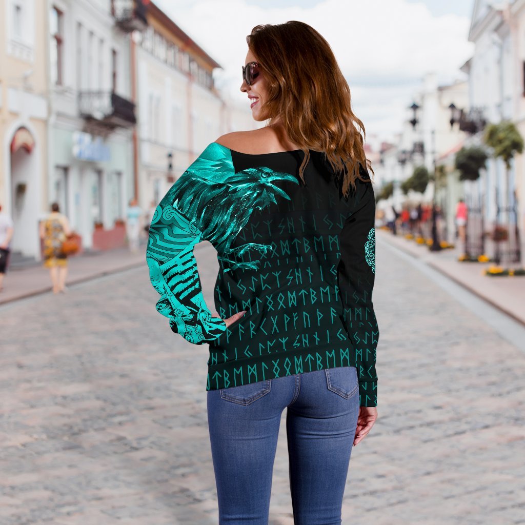 Viking Women' Off Shoulder Sweater - The Raven Of Odin Rune Cyan RLT12 - Wonder Print Shop