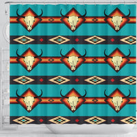 Blue shower curtain front view with bull skull motifs and diamond accents
