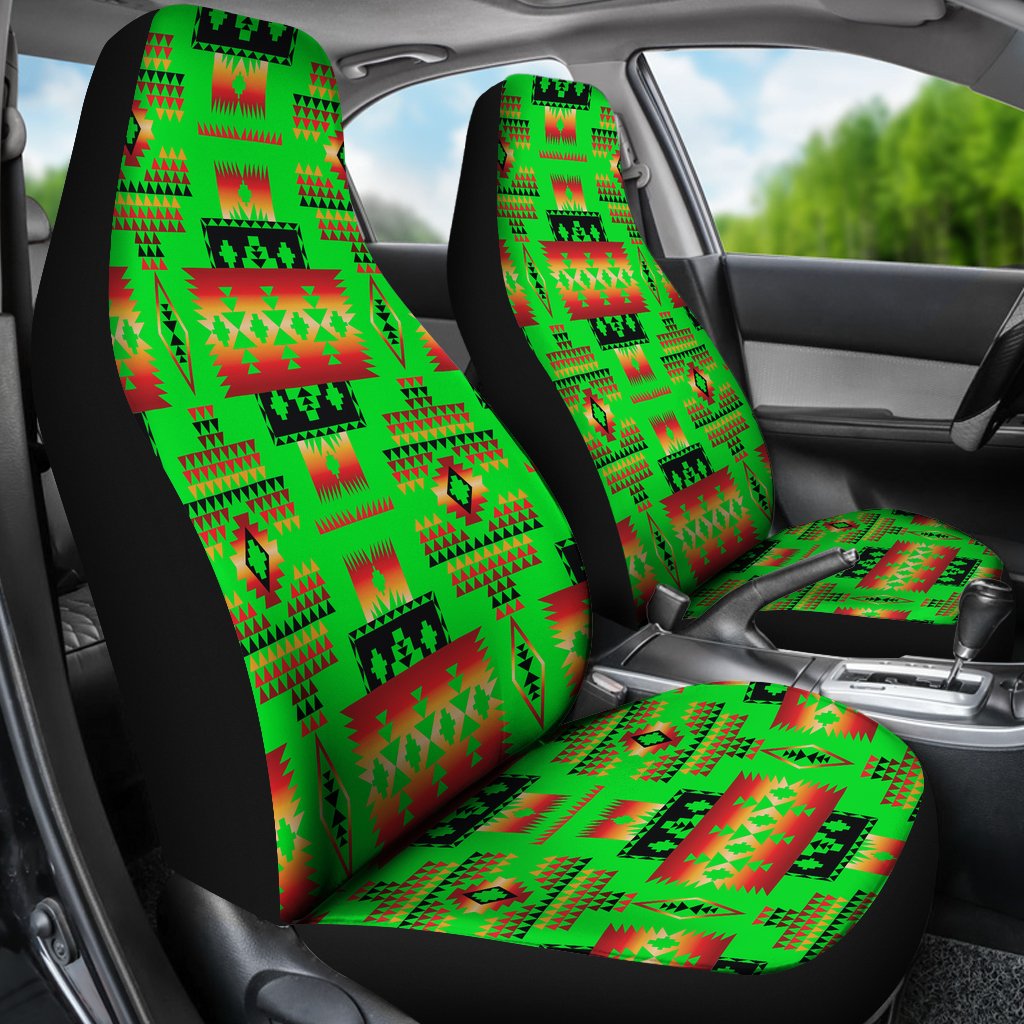 Neon green and red geometric seat covers with black trim, shown on front seats
