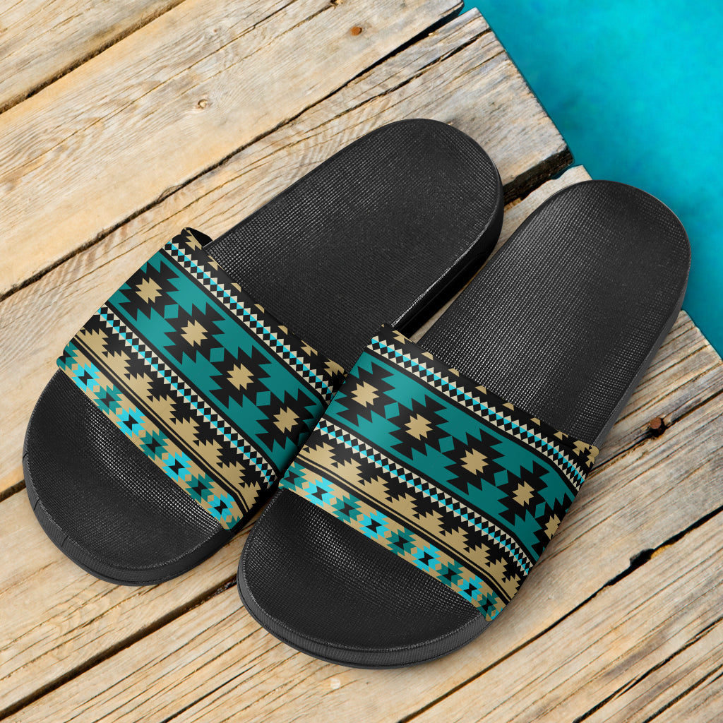 green-ethnic-aztec-slide-sandals