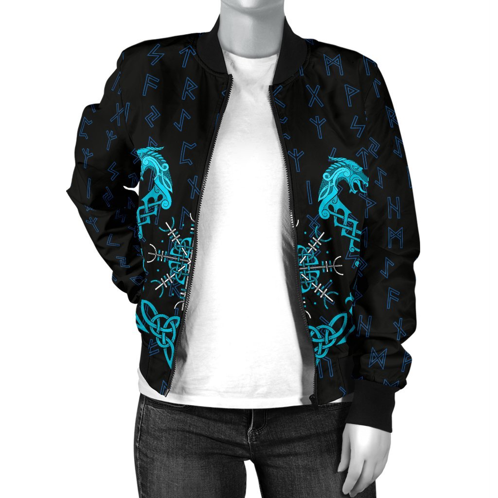 Viking Women's Bomber Jacket, Aegishjalmur Helm Of Awe Blue Edition RLT12 - Wonder Print Shop