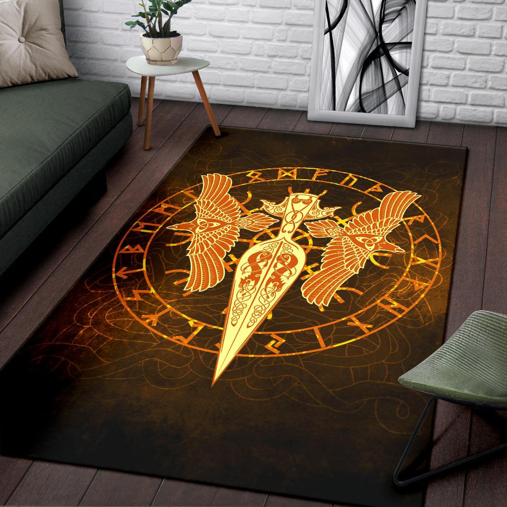 Viking Area Rug Gold Spear Of The God Odin Gungnir and Two Gold Ravens RLT12 - Wonder Print Shop