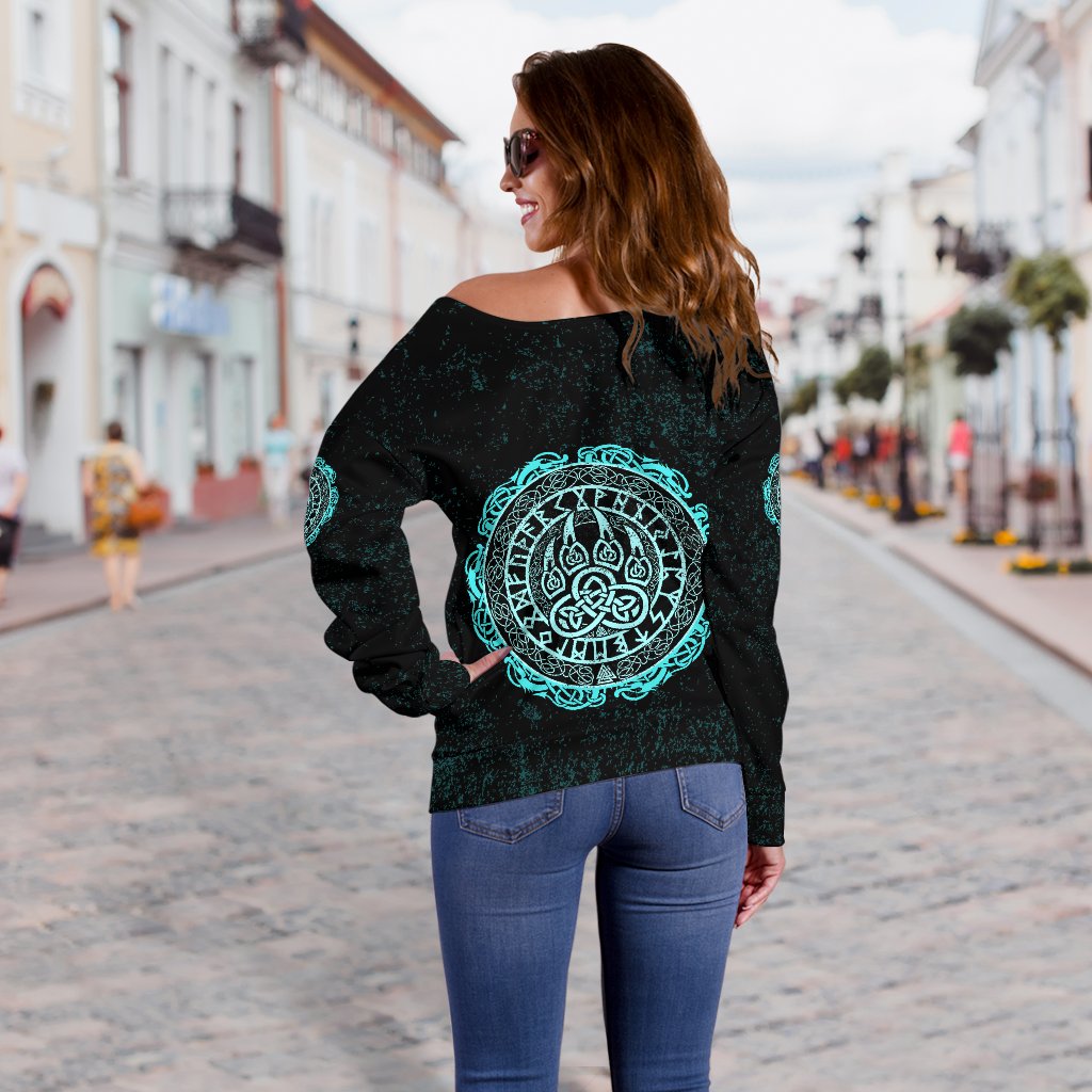 Viking Women's Off Shoulder Sweater - Viking Bear Claws Cyan Tattoo RLT12 - Wonder Print Shop