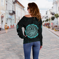 Viking Women's Off Shoulder Sweater - Viking Bear Claws Cyan Tattoo RLT12 - Wonder Print Shop