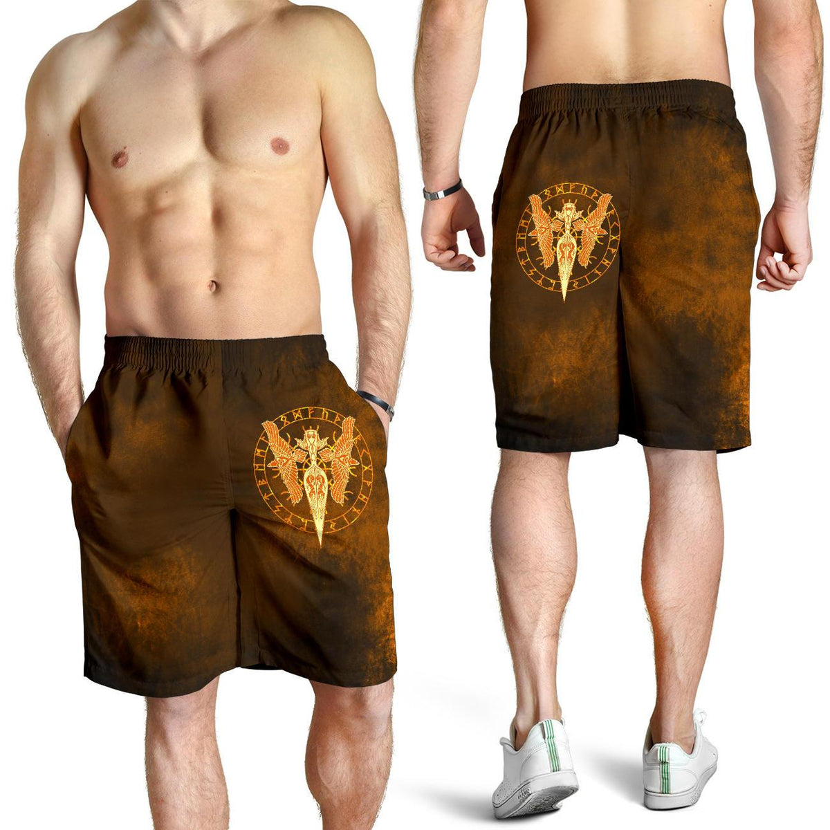 viking-all-over-print-mens-shorts-gold-spear-of-the-god-odin-gungnir-and-two-gold-ravens