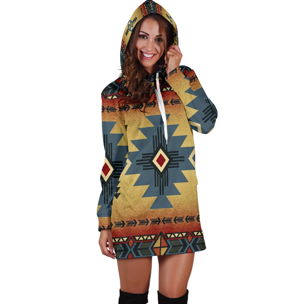 Blue Diamond Triangles Native American Hoodie Dress LT10 - Wonder Print Shop
