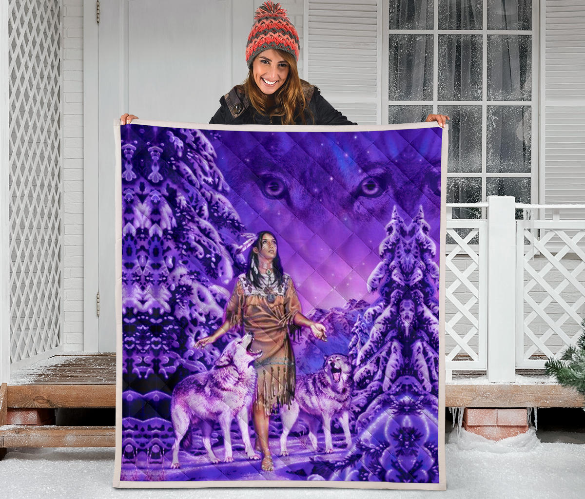 Native American Girl and Wolf Purple Premium Quilt LT10 - Wonder Print Shop