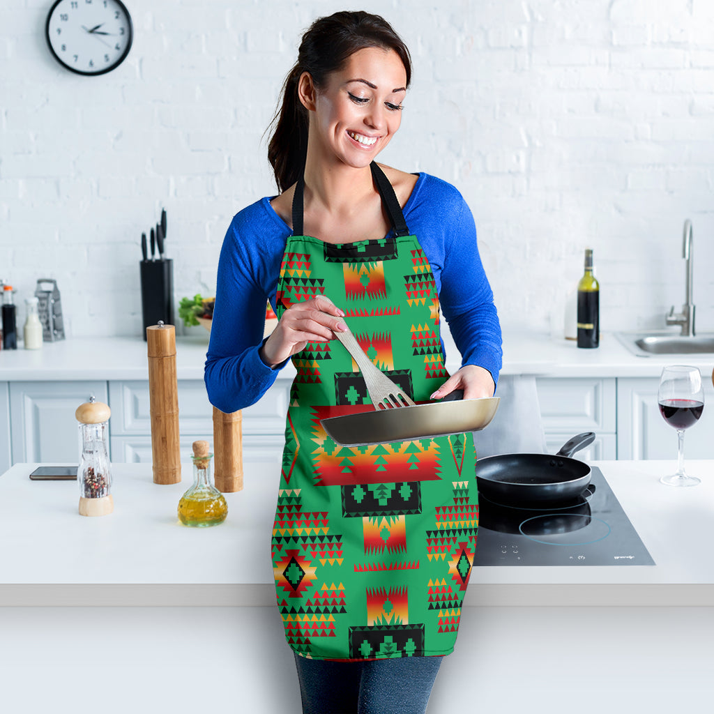 Green apron with Native-style geometric print and front pocket