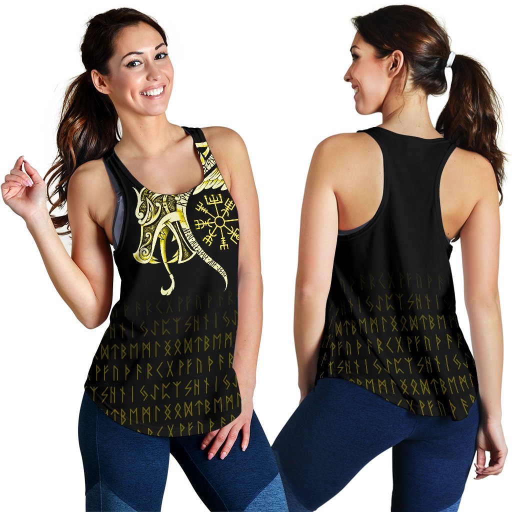 Viking Women's Racerback Tank, Fenrir Raven and Vegvisir Tattoo Yellow RLT12 - Wonder Print Shop