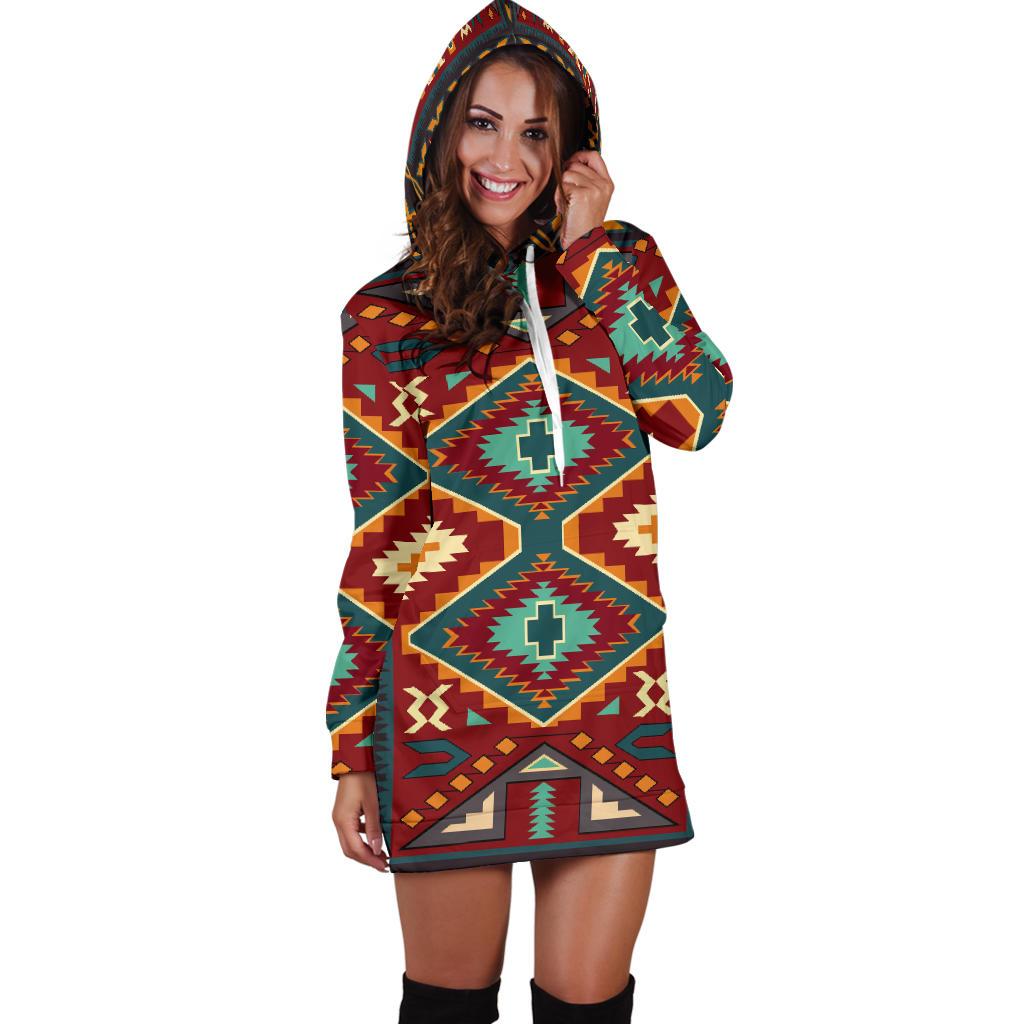 Tribe Ethnic Red Pattern Native American Hoodie Dress LT10 - Wonder Print Shop