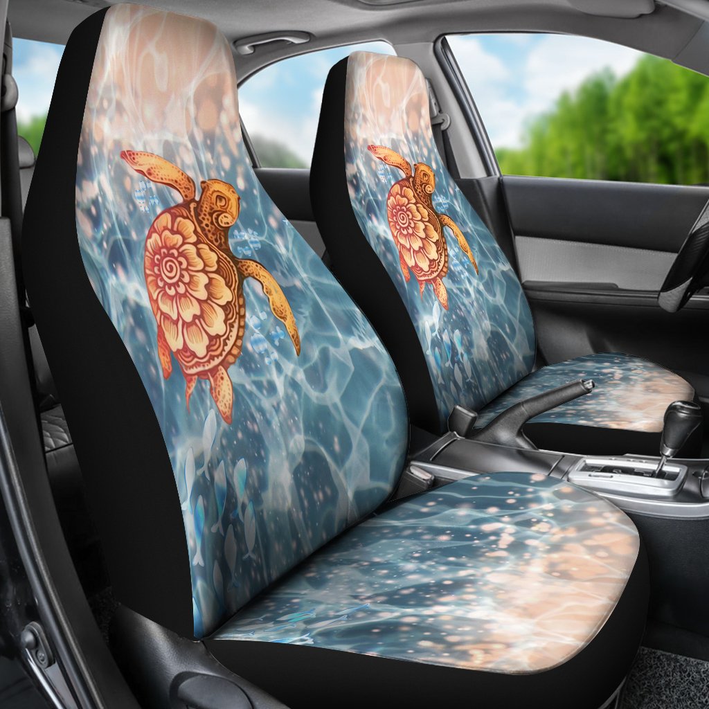 Universal front seat cover set with tall backrest, blue water and orange-brown sea turtle