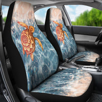 Universal front seat cover set with tall backrest, blue water and orange-brown sea turtle