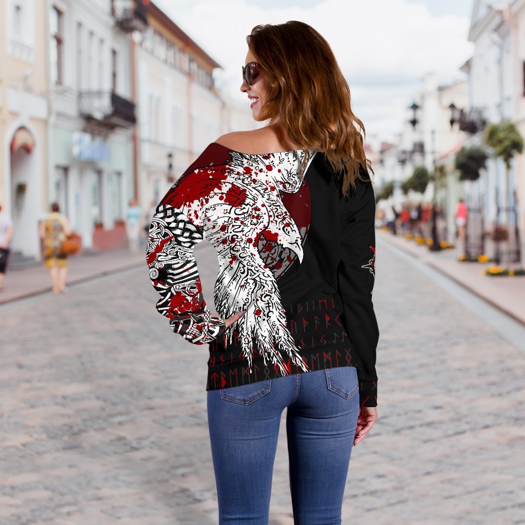 Viking Women's Off Shoulder Sweater - Mystical Raven Tattoo Blood RLT12 - Wonder Print Shop