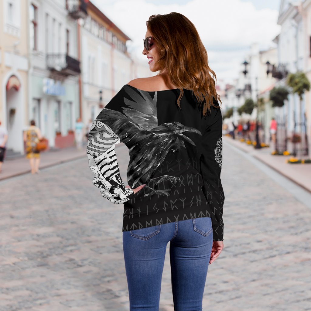 Viking Women's Off Shoulder Sweater - The Raven Of Odin Rune RLT12 - Wonder Print Shop
