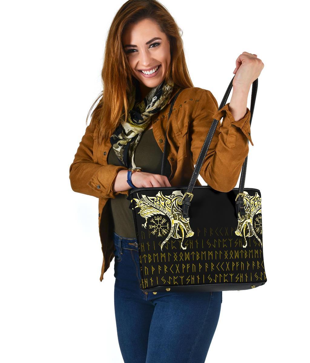 Viking Small Leather Tote, Fenrir Raven and Vegvisir Tattoo Yellow RLT12 - Wonder Print Shop