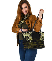 Viking Small Leather Tote, Fenrir Raven and Vegvisir Tattoo Yellow RLT12 - Wonder Print Shop