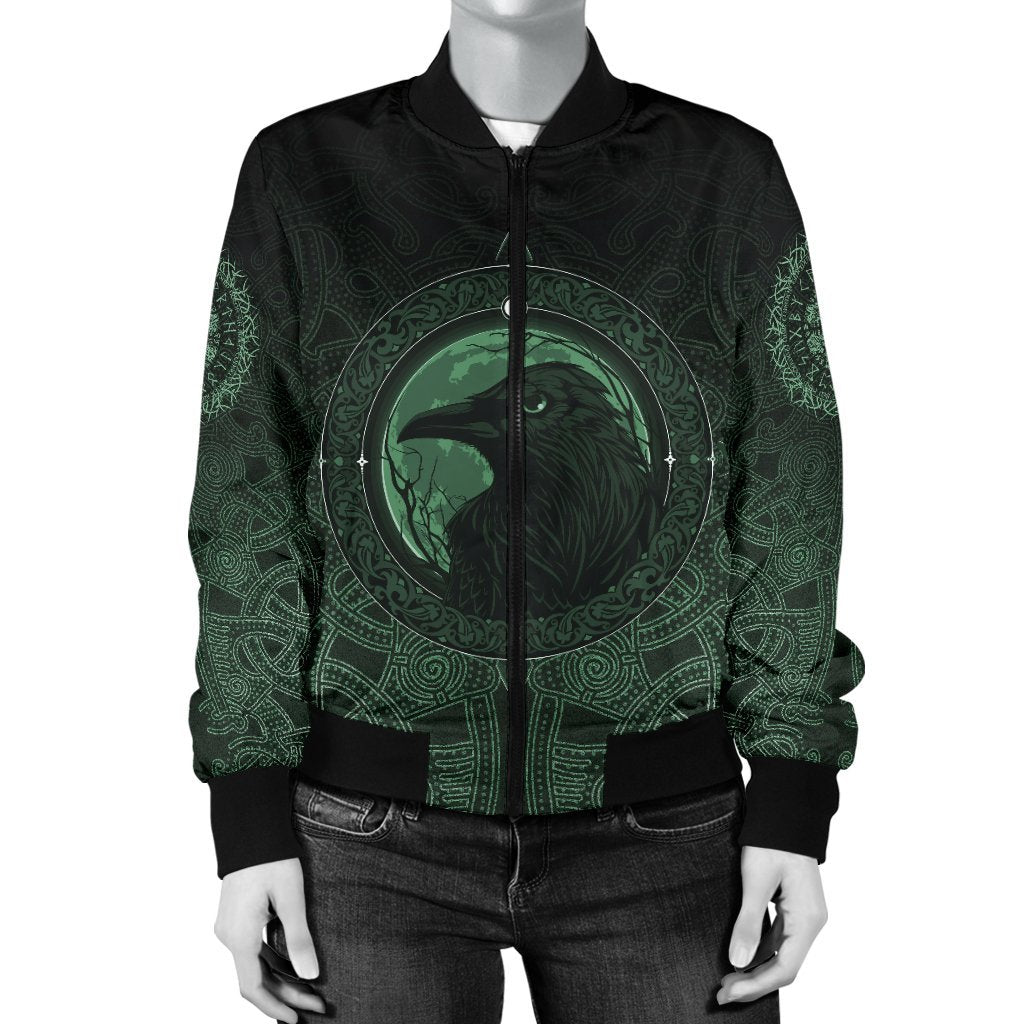 Viking Women's Bomber Jacket, Ethnic Odin Raven Green RLT12 - Wonder Print Shop