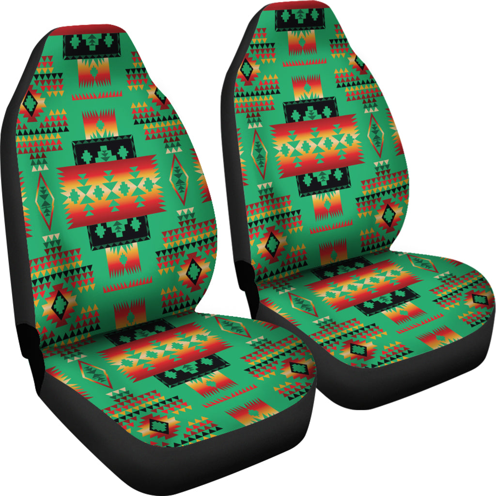 Pair of multicolor Native-style car seat covers with geometric blocks and black trim