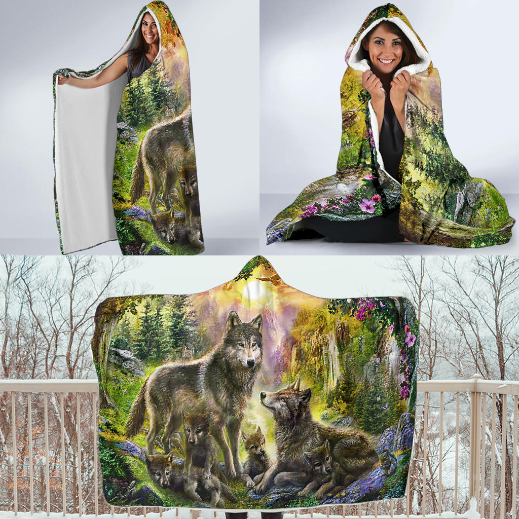 native-american-wolf-happiness-family-in-the-spring-forest-hooded-blanket