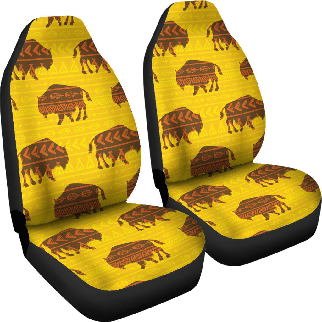 Yellow and black two-piece seat cover set with bold bison motif and tribal stripes