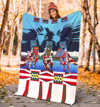 Horse costume blanket held outdoors, three costumed horses on blue with red/white/green stripes