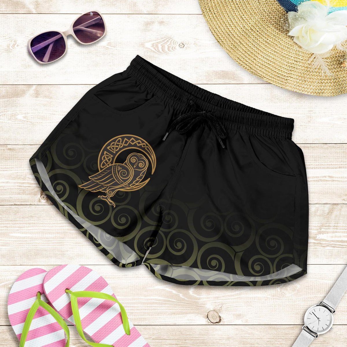 viking-womens-shorts-owl-celtic-on-triskels-background
