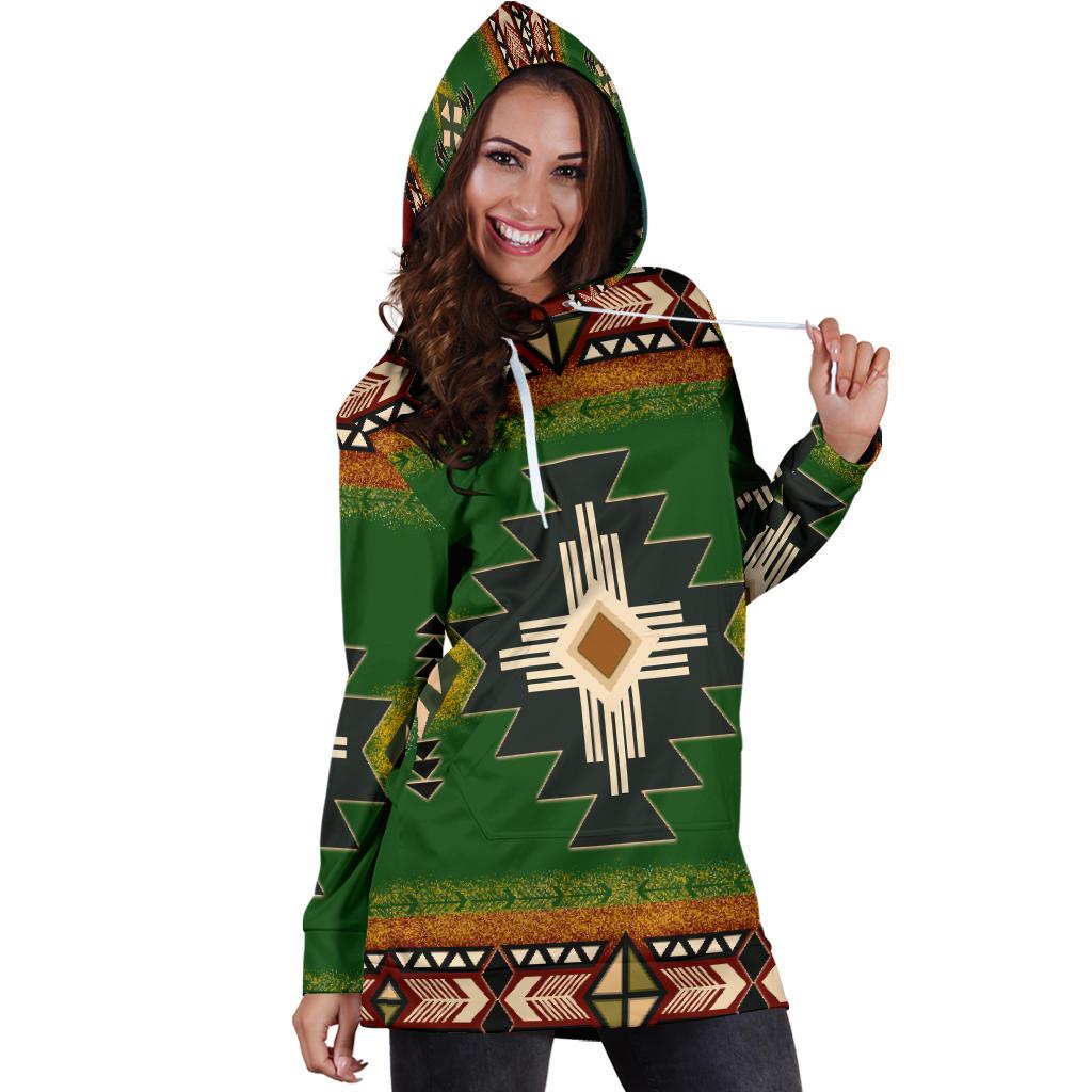 Indigenous Design Green Native American Hoodie Dress LT10 - Wonder Print Shop