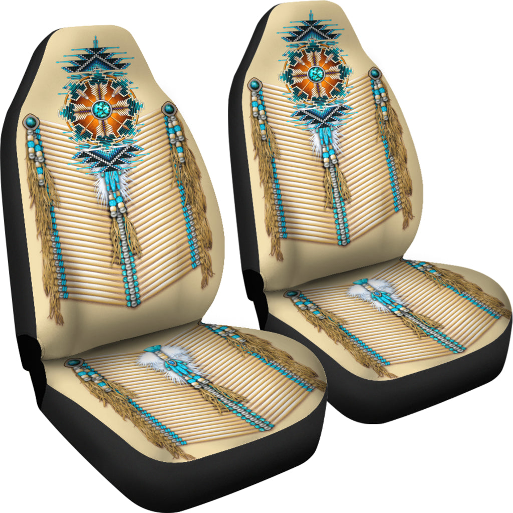 Car seat covers with turquoise breastplate motif, beaded tassels and striped bead detailing