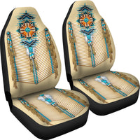 Car seat covers with turquoise breastplate motif, beaded tassels and striped bead detailing