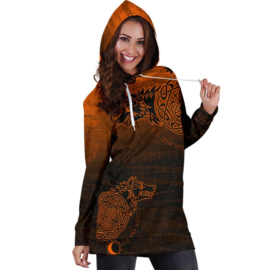 Viking Women's Hoodie Dress, Skoll and Hati Orange RLT12 - Wonder Print Shop