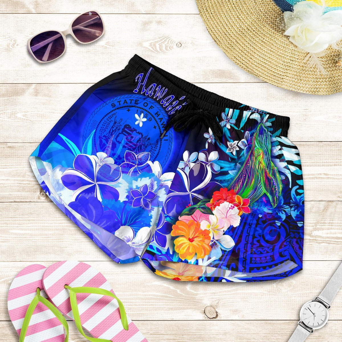 polynesian-hawaii-womens-shorts-humpback-whale-with-tropical-flowers-blue