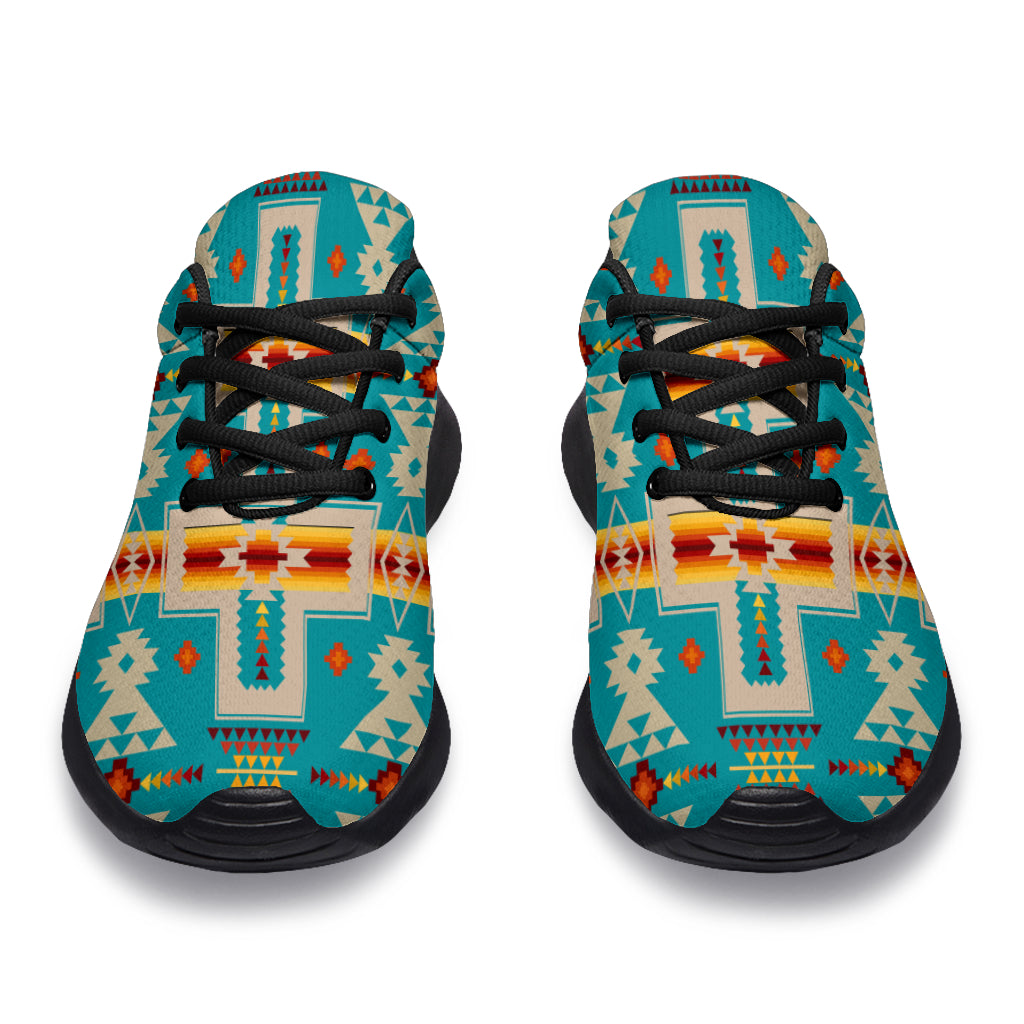 Turquoise tribal sport sneakers, black laces, front view of both shoes
