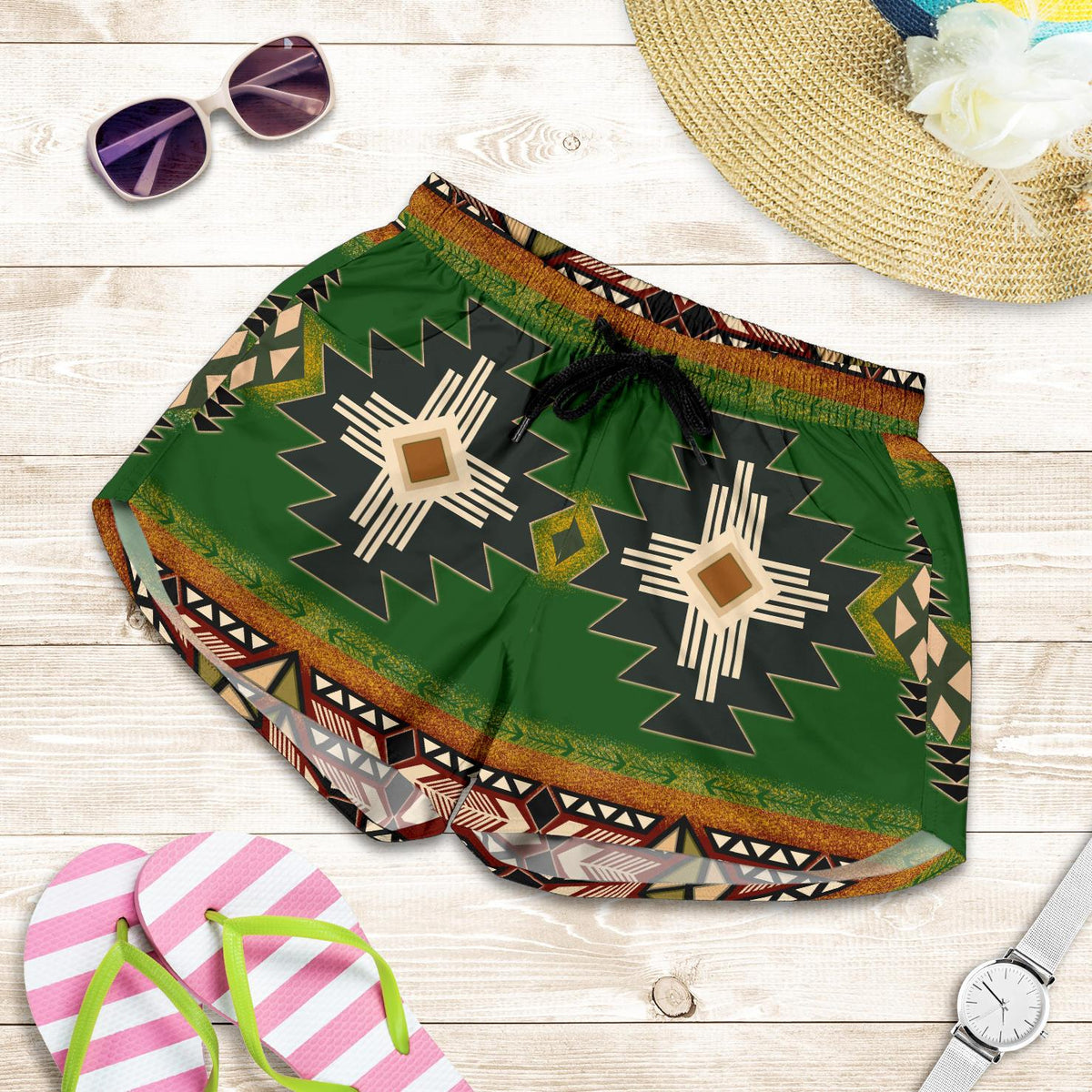 native-american-southwest-green-symbol-all-over-print-women-shorts