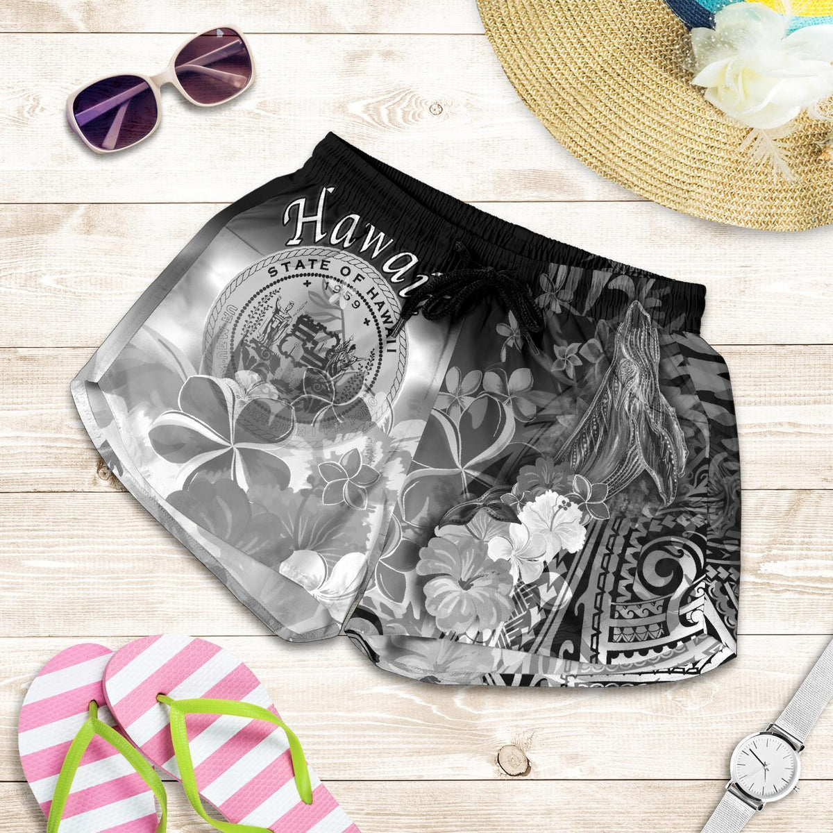 polynesian-hawaii-womens-shorts-humpback-whale-with-tropical-flowers-white