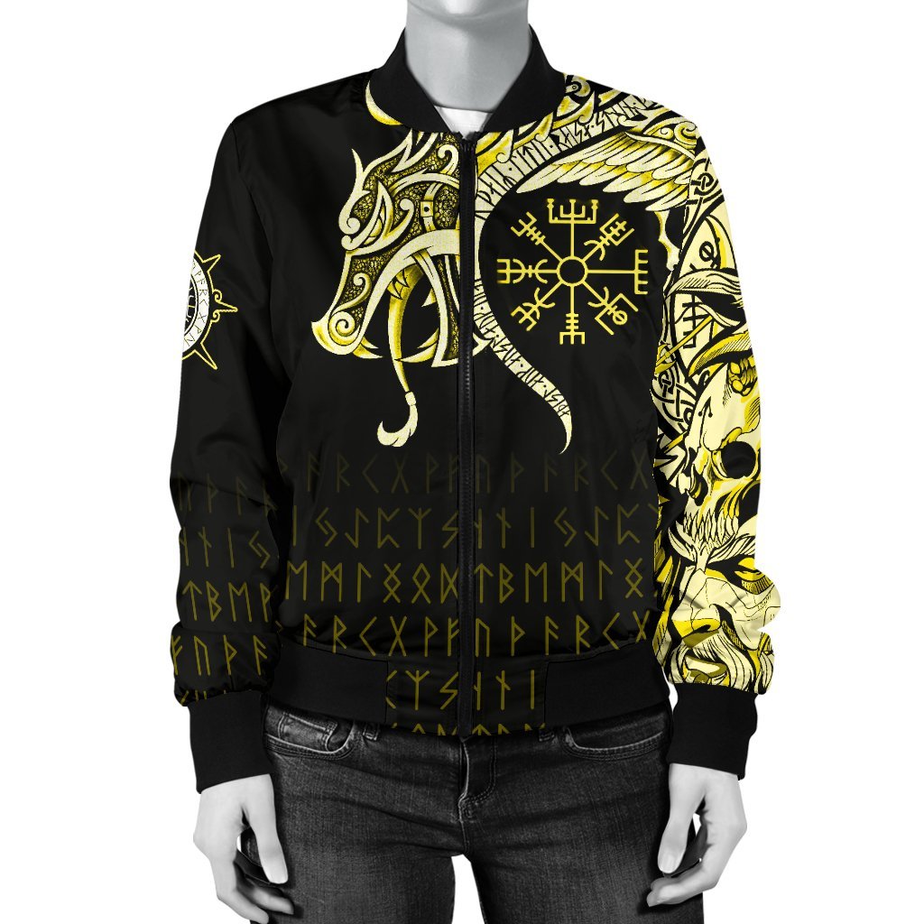 Viking Women's Bomber Jacket, Fenrir Raven and Vegvisir Tattoo Yellow RLT12 - Wonder Print Shop