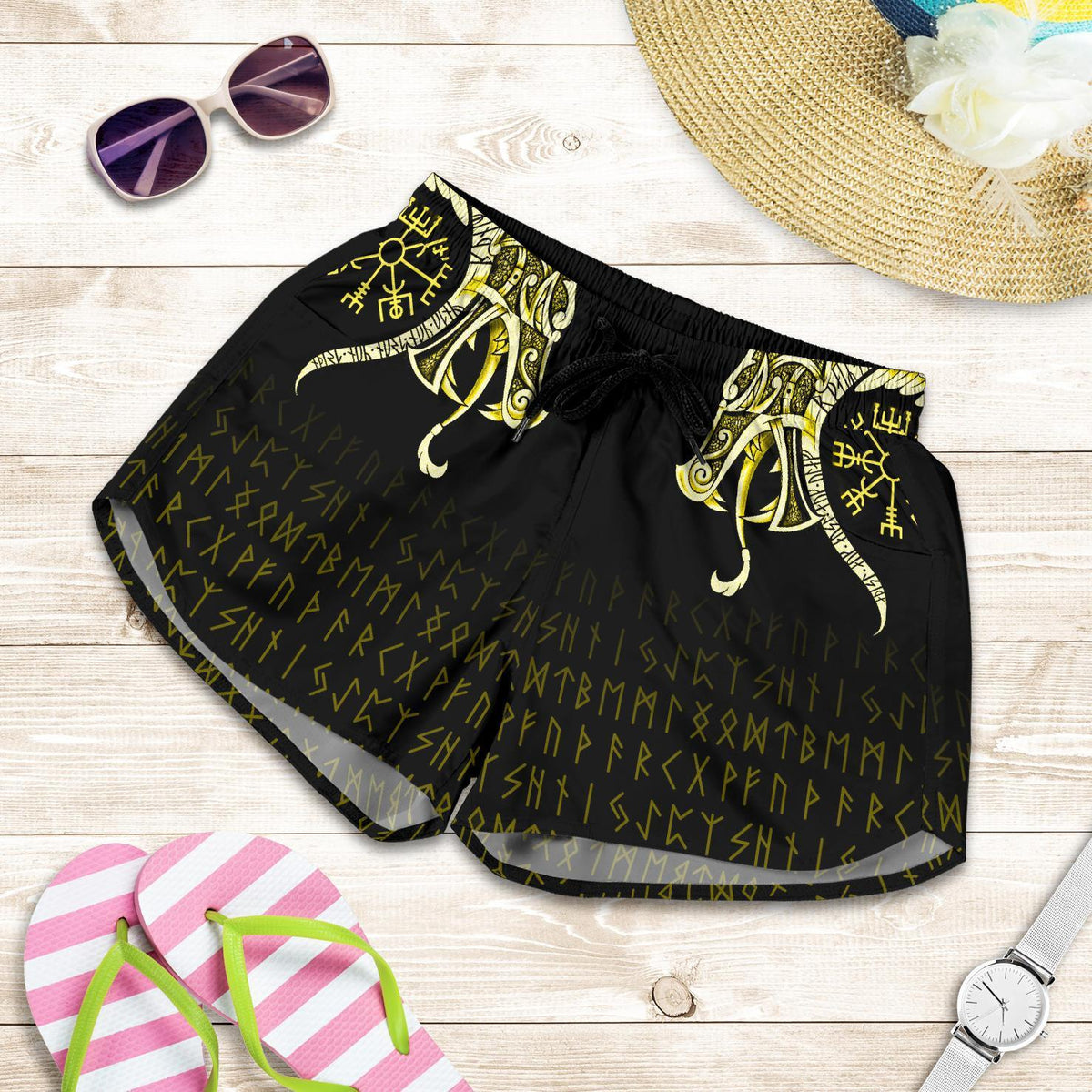 viking-womens-shorts-fenrir-raven-and-vegvisir-tattoo-yellow