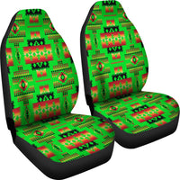 Neon green car seat covers with black trim and red geometric tribal print, two-piece set