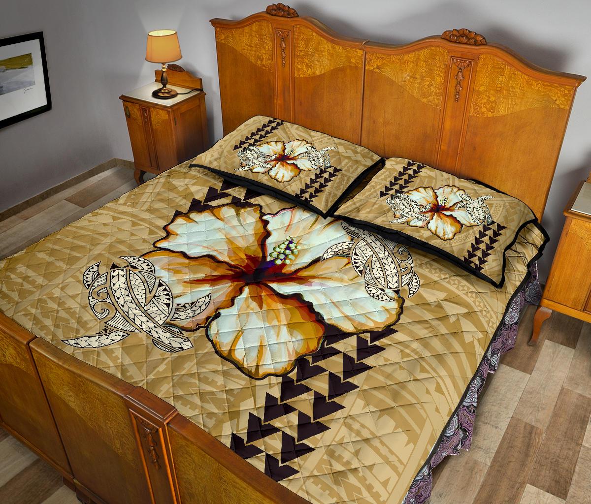 Hawaii Quilt Bed Set - Hawaiian Vintage Hibiscus Beige - Wonder Print Shop