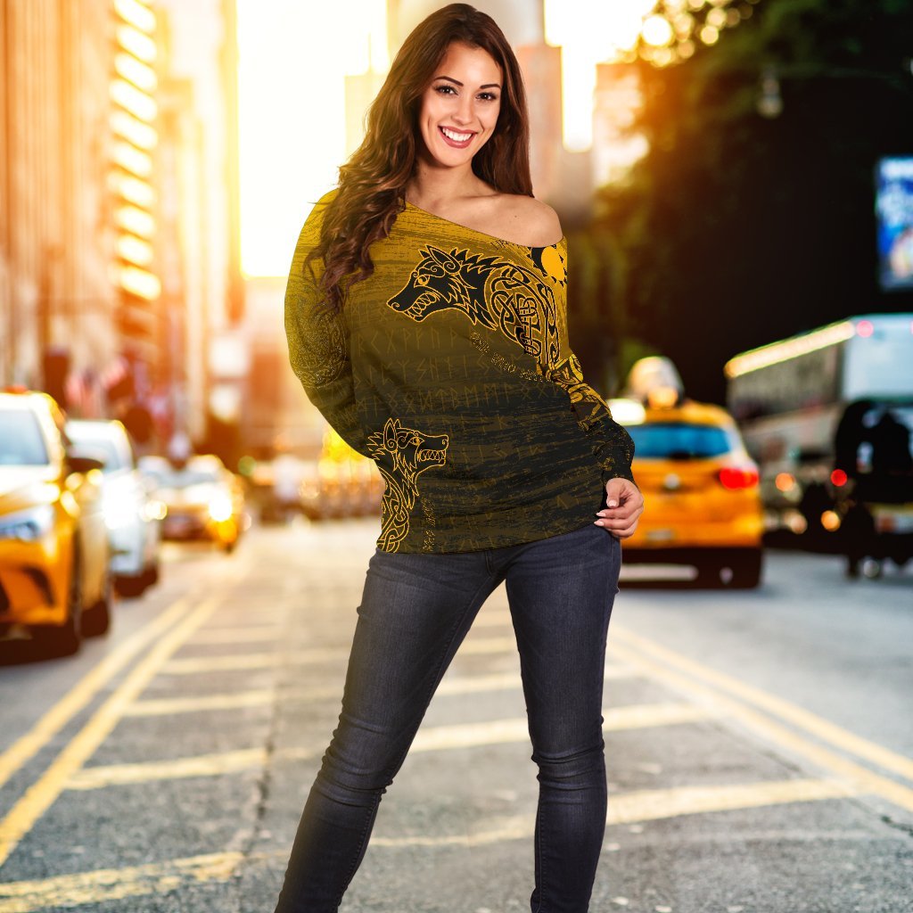 Viking Women's Off Shoulder Sweater, Skoll and Hati RLT12 - Wonder Print Shop