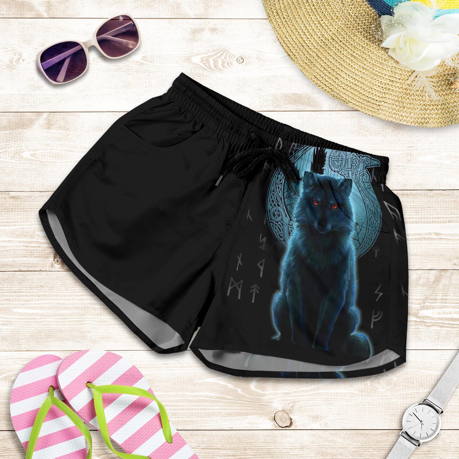 viking-womens-shorts-fenrir-viking-wolf-and-moon