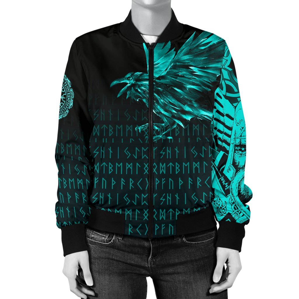 Viking Women's Bomber Jacket - The Raven Of Odin Rune Cyan RLT12 - Wonder Print Shop