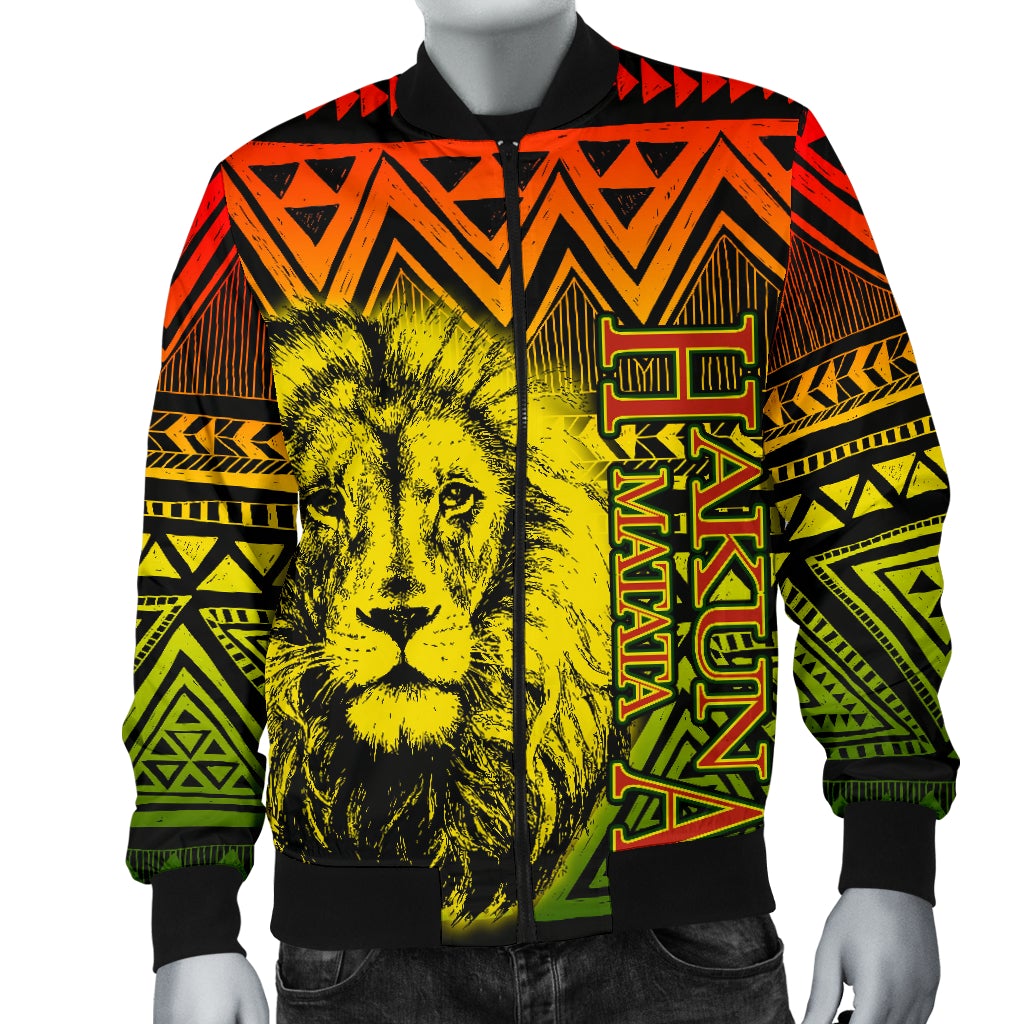 Yellow unisex bomber jacket front view, geometric tribal border and lion graphic on zip