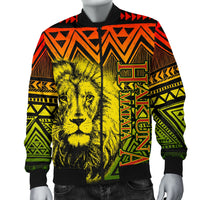 Yellow unisex bomber jacket front view, geometric tribal border and lion graphic on zip