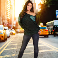 Viking Women's Off Shoulder Sweater - Viking Bear Claws Cyan Tattoo RLT12 - Wonder Print Shop