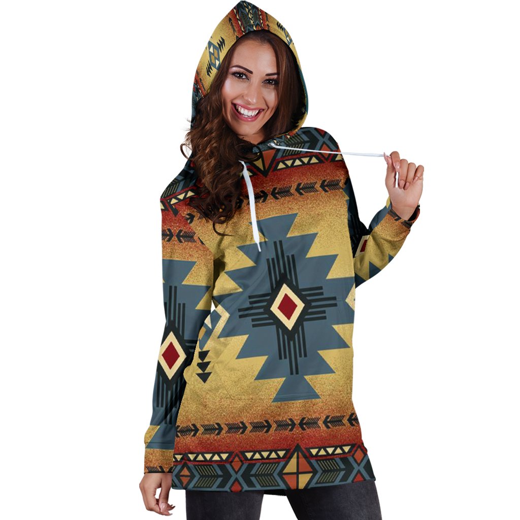 Blue Diamond Triangles Native American Hoodie Dress LT10 - Wonder Print Shop