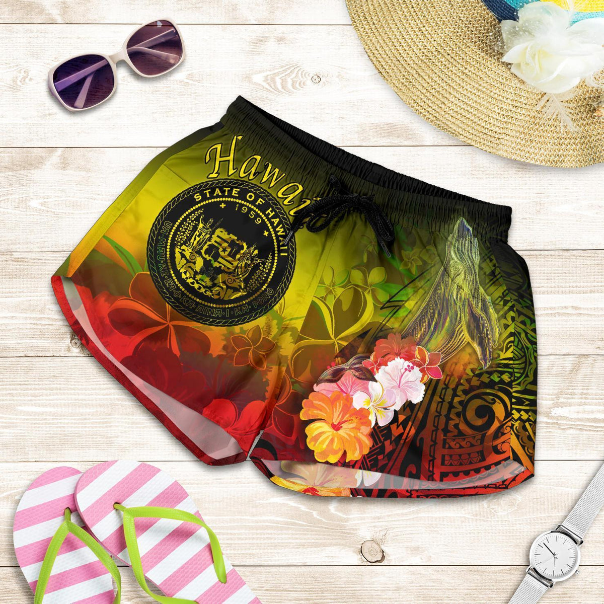 polynesian-hawaii-womens-shorts-humpback-whale-with-tropical-flowers-yellow