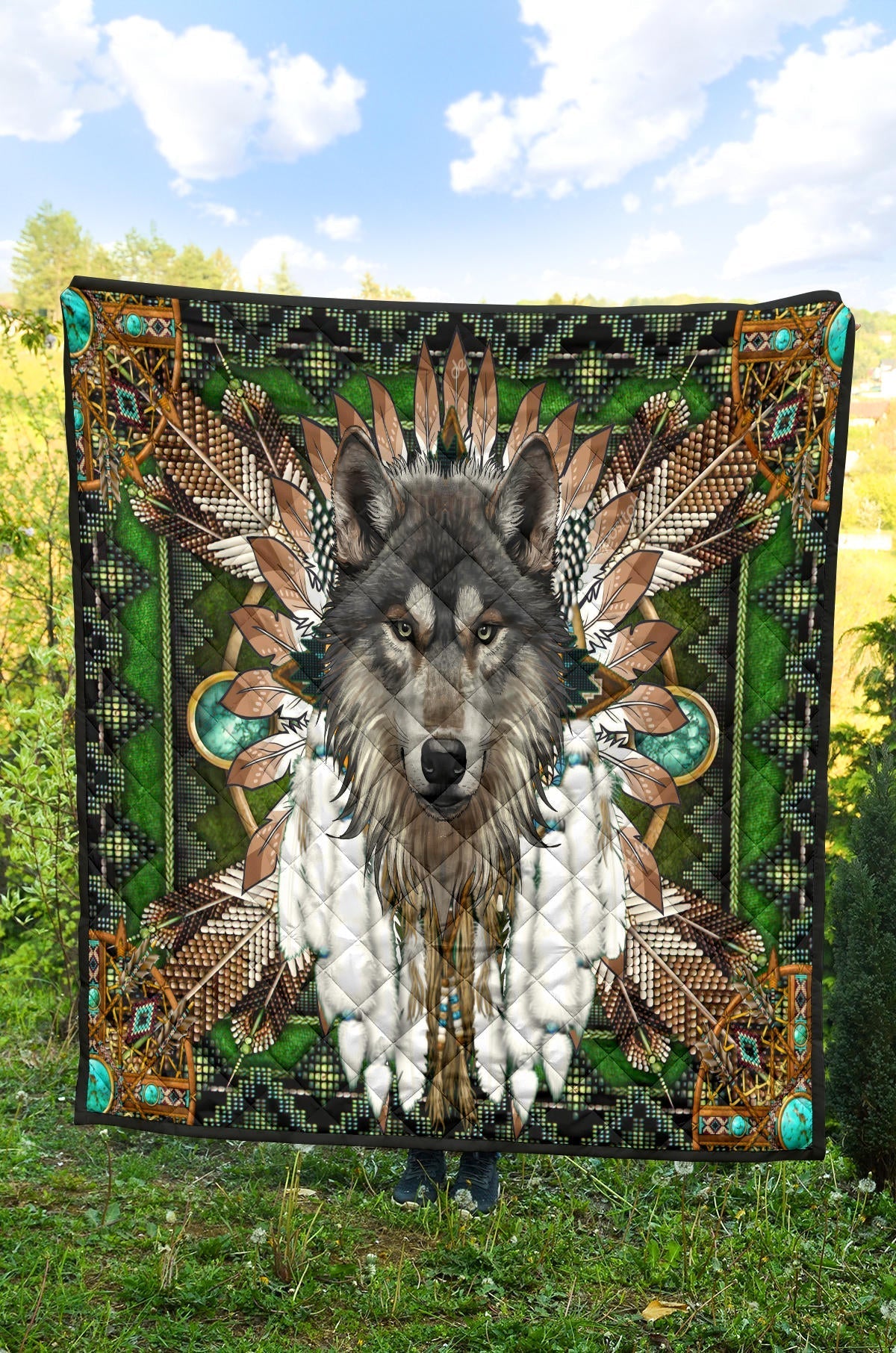 Native American Green Wolf Mandala Premium Quilt LT10 - Wonder Print Shop