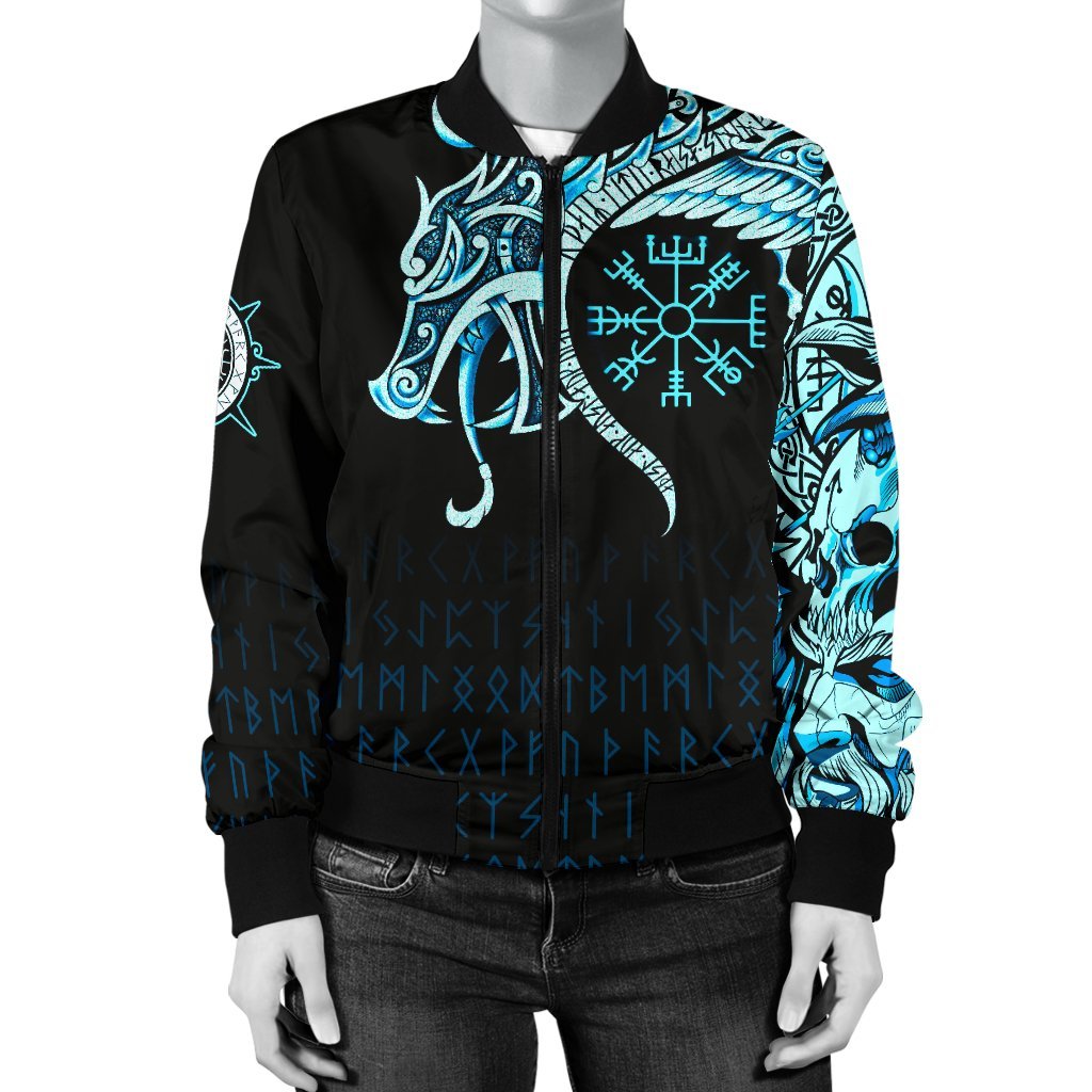Viking Women's Bomber Jacket, Fenrir Raven and Vegvisir Tattoo Cyan RLT12 - Wonder Print Shop